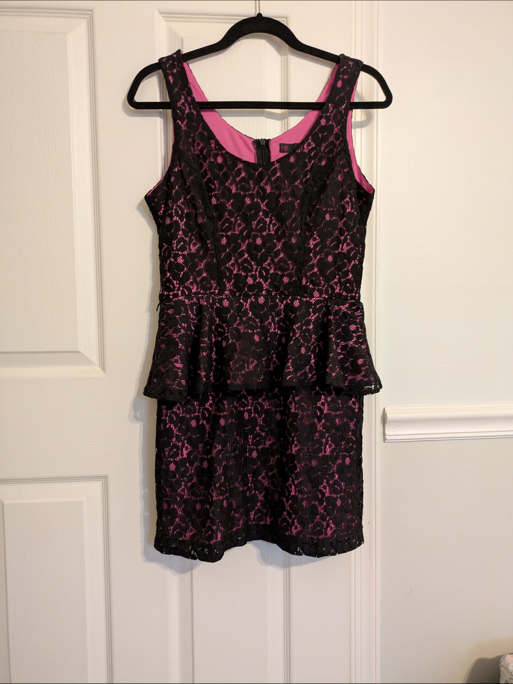 Black Lace Peplum Dress with Hot Pink Lining